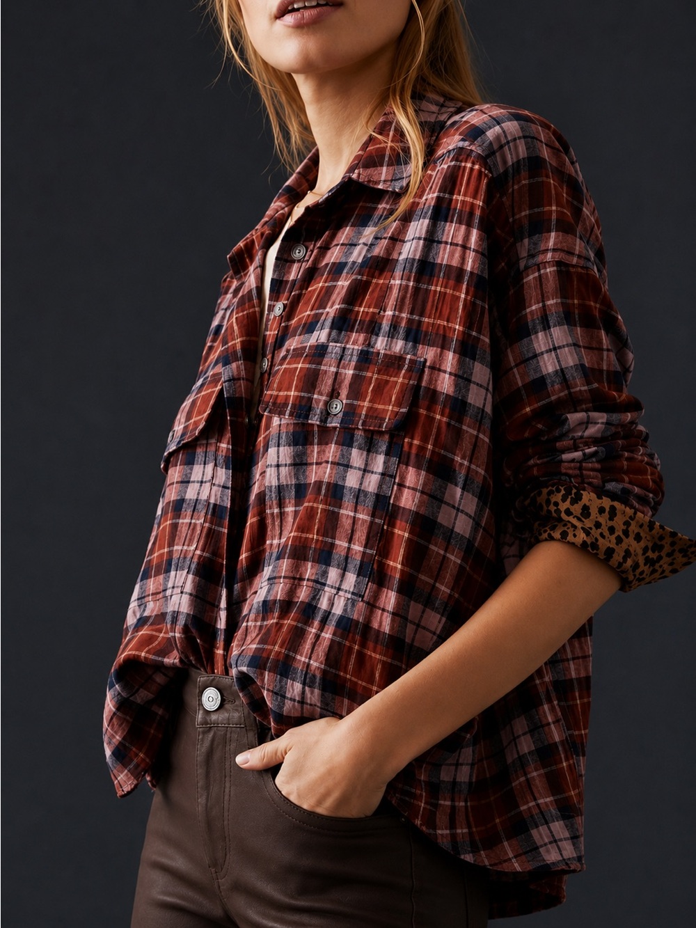 PILCRO Cropped Plaid Shirt Brown Size XS NWT High-Low Hem Oversized